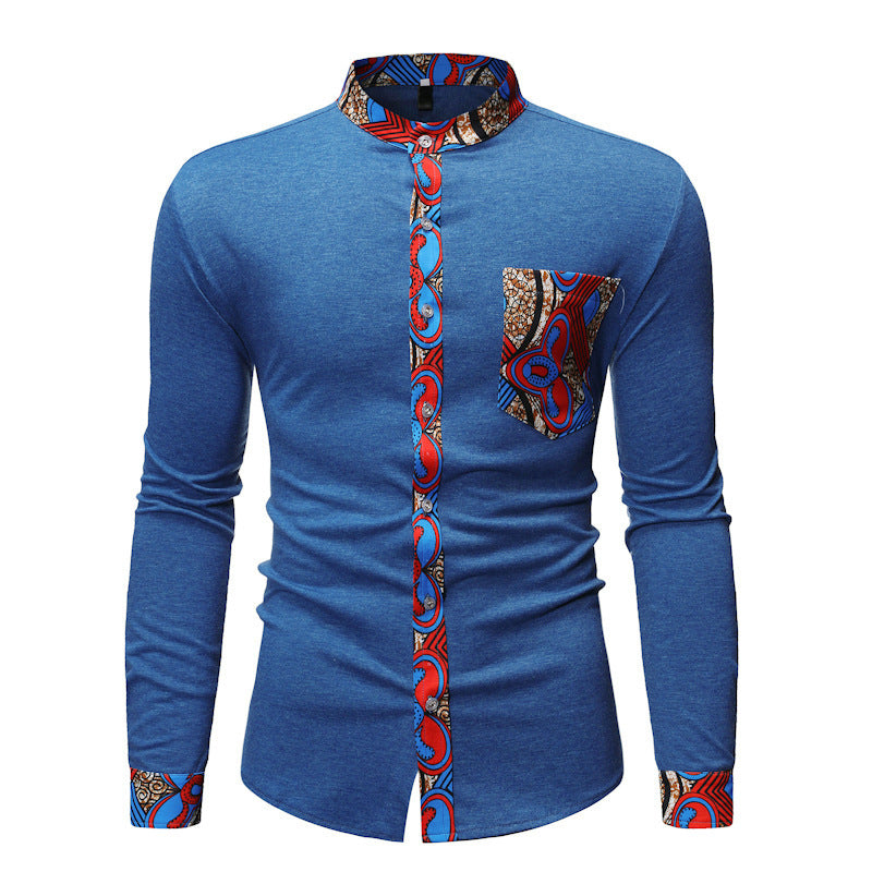 Brabora Men’s African Style Shirt Long Sleeve Color-Block Polyester Casual Top