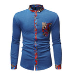 Brabora Men’s African Style Shirt Long Sleeve Color-Block Polyester Casual Top