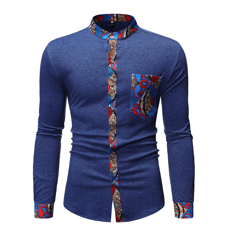 Brabora Men’s African Style Shirt Long Sleeve Color-Block Polyester Casual Top