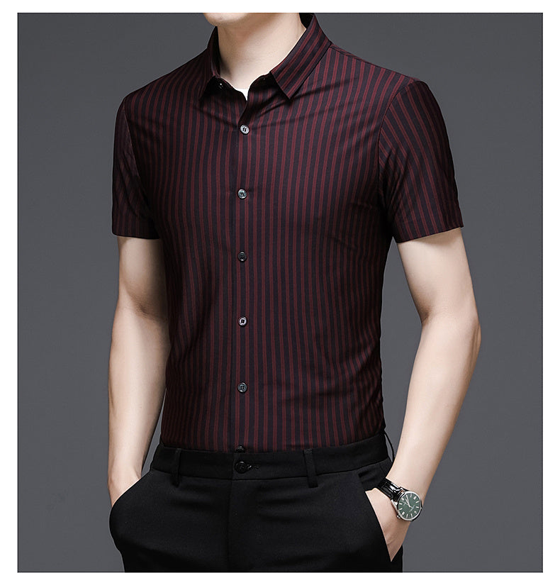 Brabora Woodpecker Silk Men’s Shirt Short Sleeve Vinylon Summer Top for Middle-Aged Men