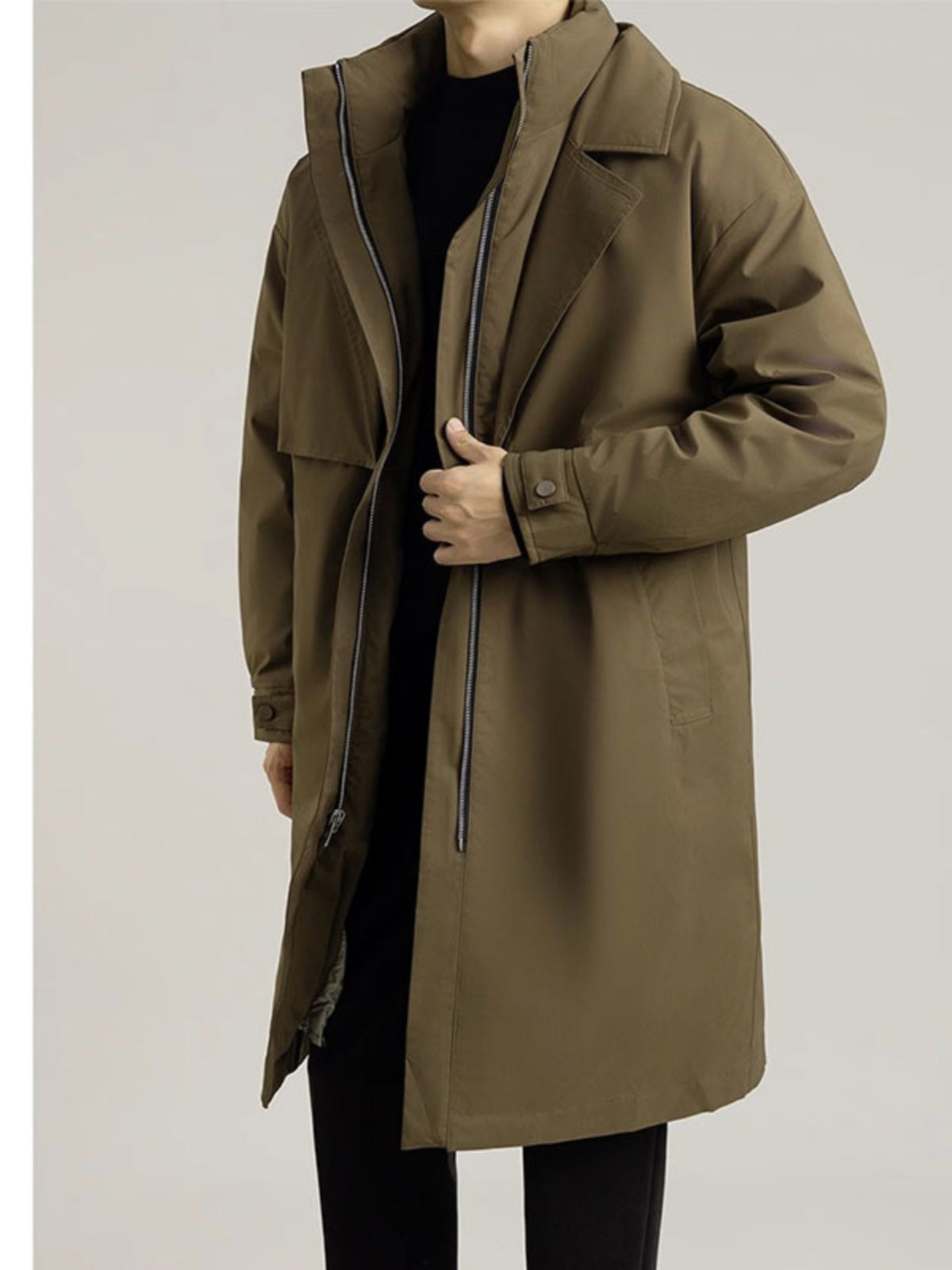 Brabora Men’s Winter Trench Coat Korean Style Mid-Length Cotton Lapel Overcoat